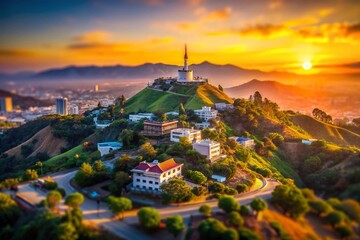 Fototapeta premium Aerial Tilt-Shift Sunrise: Hollywood Hills & Taekwondo Symbol