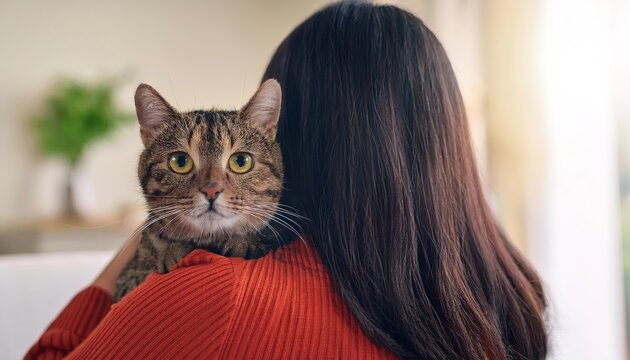 una mujer de espaldas a la c&aacute;mara abraza a un gato que mira a la c&aacute;mara