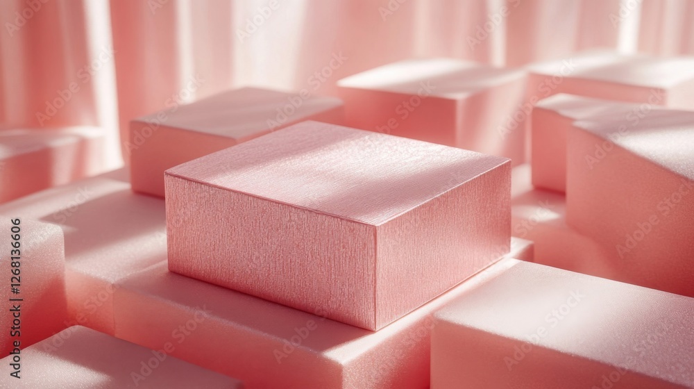 Poster stacked pink foam cubes with geometric texture and soft light background