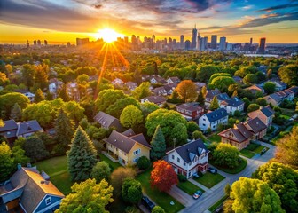 Aerial View City Skyline Over Suburban House Trees