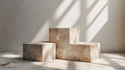 Concrete cube display podium, rough industrial texture, urban aesthetic