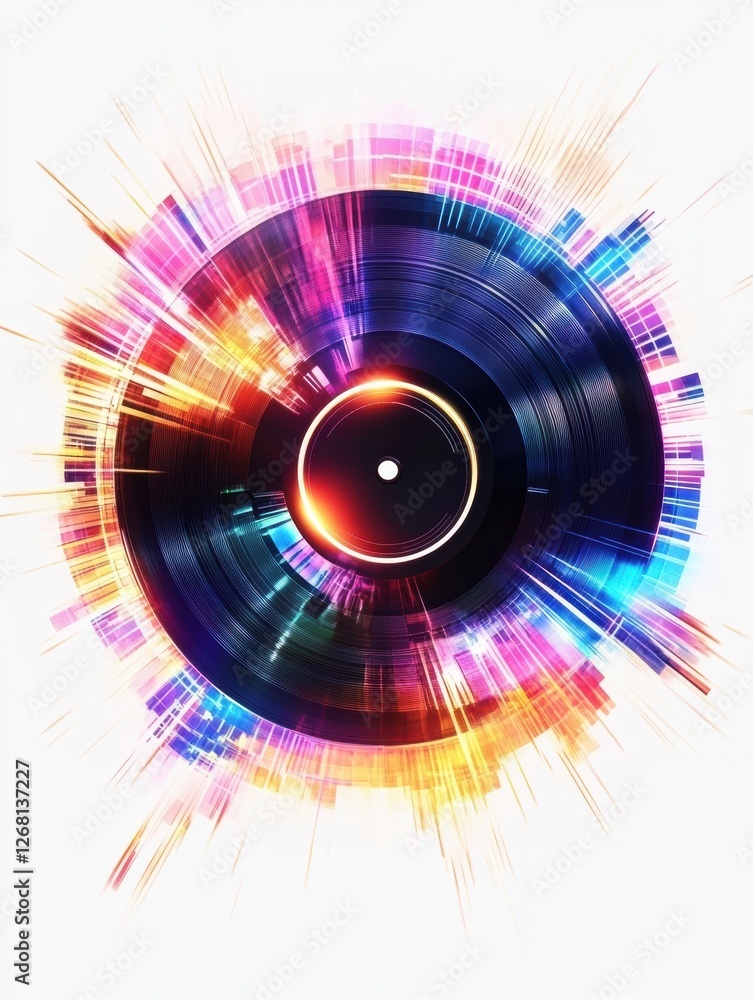 Poster colorful sound waves radiate from a vinyl record creating an energetic and vibrant design. generativ