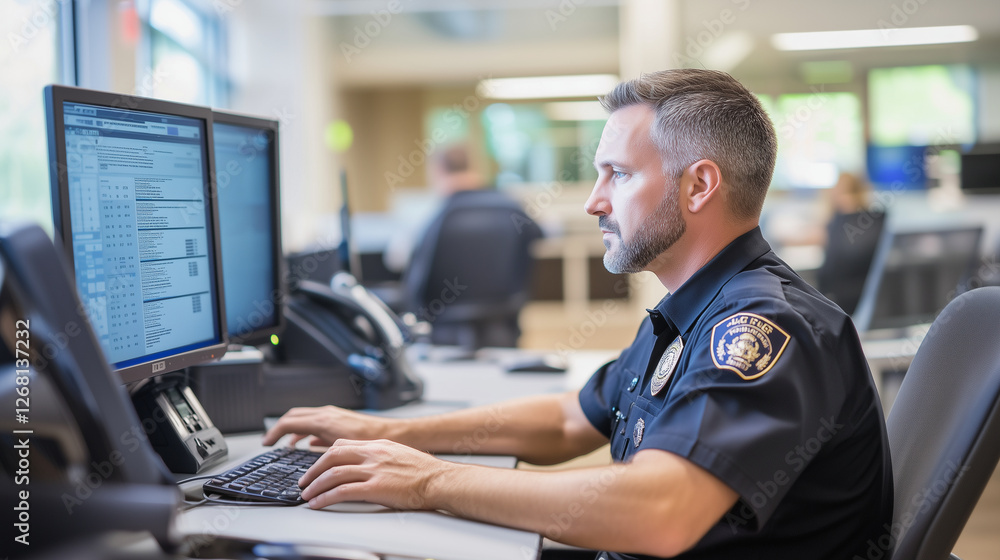 Poster a focused law enforcement professional, seen from the side in a sleek office, methodically inputting