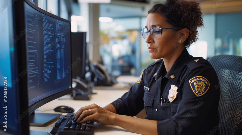 Poster a focused law enforcement professional, seen from the side in a sleek office, methodically inputting