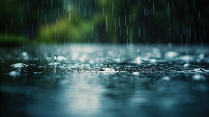 Heavy rain falling on dark water.