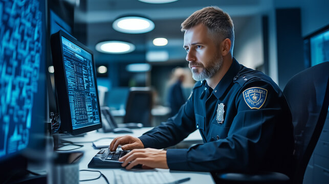 A police officer in uniform, captured in side view, carefully entering a suspect's personal data into a computer database in a modern office environment, emphasizing advanced law e