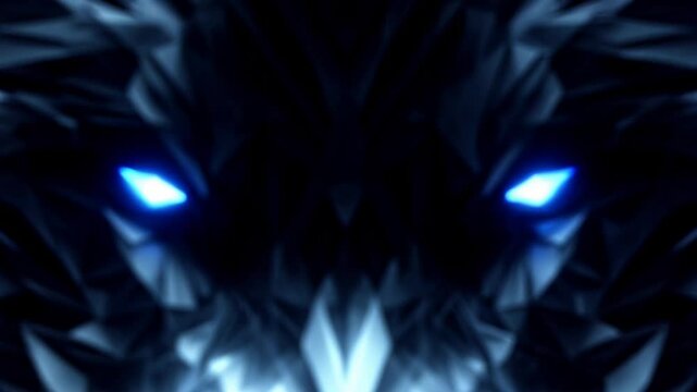 Intricate geometric wolf design with glowing blue eyes and sharp features