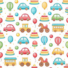 Colorful toys, cakes, balloons pattern; festive background; kids' party decor