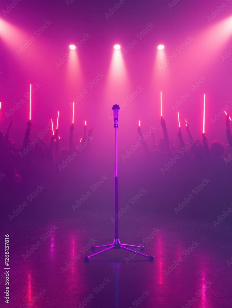 Poster colorful stage setup with a microphone and excited audience holding glow sticks during a performance