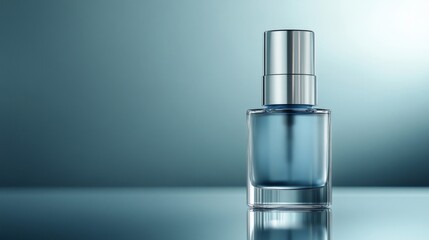 Elegant Perfume Bottle with Silver Cap Reflecting on a Gradient Blue Surface