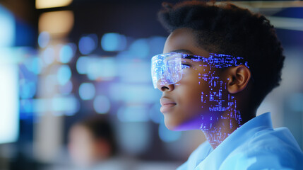 A student engaged in learning data coding in a classroom, depicted in profile, with augmented reality (AR) overlays showcasing AI concepts and cybersecurity features, such as neura