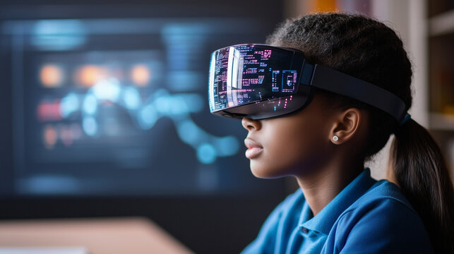 A student engaged in learning data coding in a classroom, depicted in profile, with augmented reality (AR) overlays showcasing AI concepts and cybersecurity features, such as neura