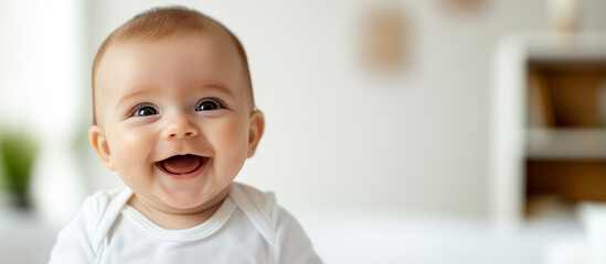 An irresistible baby with chubby cheeks and a beaming smile, eyes full of wonder, wearing a charming onesie, captured in a close-up shot with a light and airy background that highl