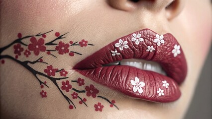 A hyper-realistic close-up of lips depicting , lips is painted with the silhouette of sakura branches, cinematic lighting.