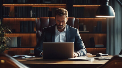 Obraz premium Businessman Concentrated on Laptop in Luxurious Office