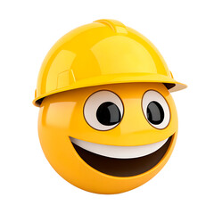 A yellow emoji in a construction helmet, displaying an open, friendly smile. Large eyes and an optimistic look signal enthusiasm for upcoming projects