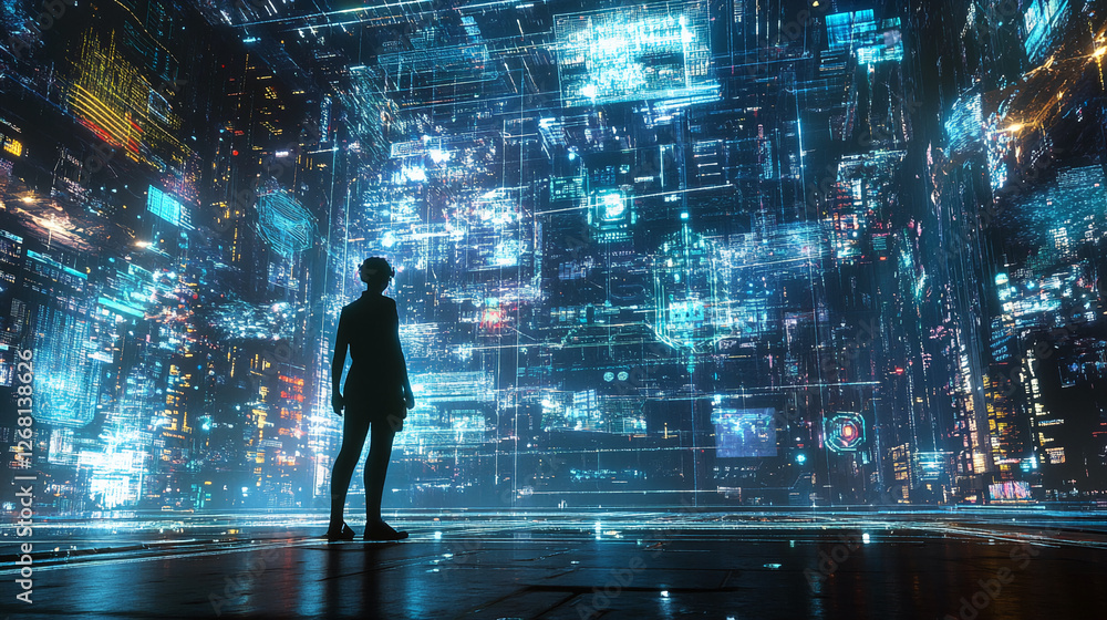 Poster person standing in front of a futuristic digital interface with glowing data and holographic screens
