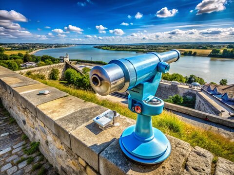 Aerial View of Coin-Operated Telescope at Blaye Citadel, Gironde, France - Panoramic Drone Shot