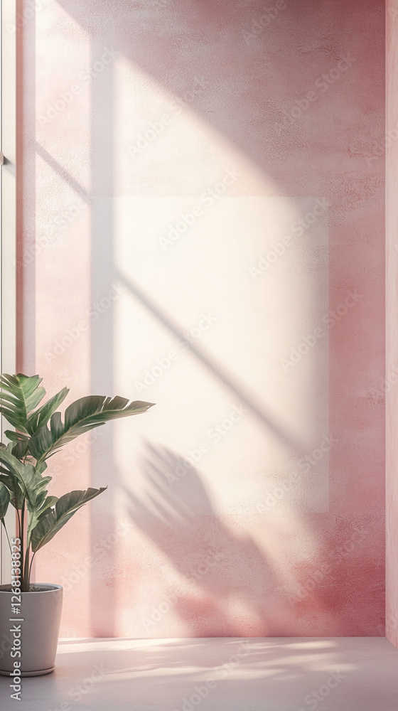 Poster a soft pink room with large windows casting shadows on the walls, featuring a plant in a pot next to