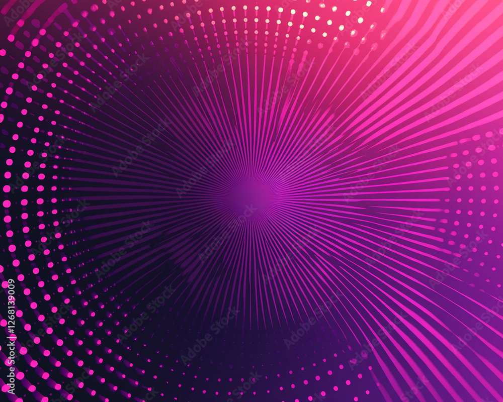 Poster a vibrant and abstract background with radial lines and dots in purple and pink hues, symbolizing en