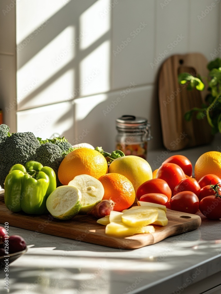 Poster fresh vegetables and fruits arranged on a kitchen countertop with natural light illuminating the set
