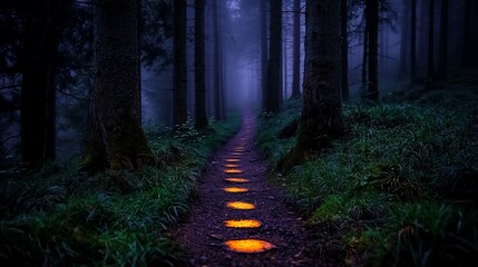 Fototapeta premium Mystical forest path at night with glowing stones.