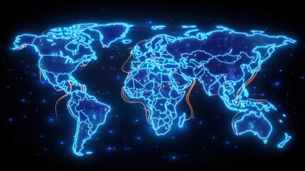 Digital holographic world map, glowing blue neon lines