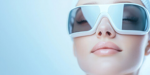 Fototapeta premium Young beautiful woman wearing protective plastic goggles to protect her eyes during laser cosmetic procedures, laser hair removal and facial resurfacing