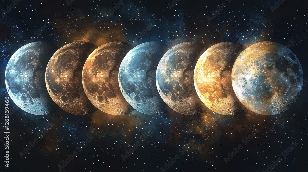 Poster a sequence of moons in varying colors against a starry background.