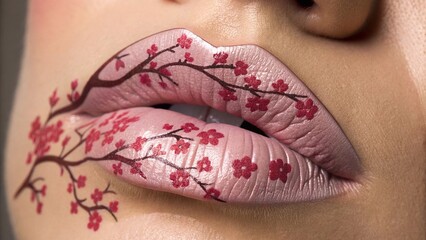 A hyper-realistic close-up of lips depicting , lips is painted with the silhouette of sakura branches, cinematic lighting.