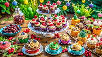 Fototapeta premium Aerial View of Festive Dessert Table: Cupcakes, Chocolate Treats & Holiday Sweets