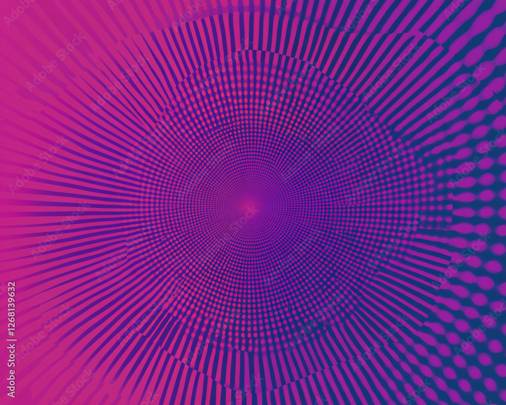 Poster Abstract design featuring dynamic purple and pink radial lines and dots converging at the center, creating a sense of energy and movement, symbolizing creativity and digital art.
