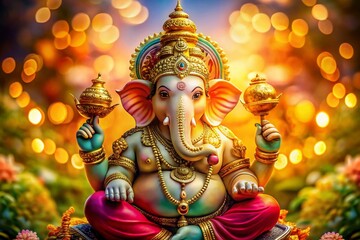 Fototapeta premium Aerial View of Ganesha: Seated God, Jewels, Modak, Wisdom, Prosperity