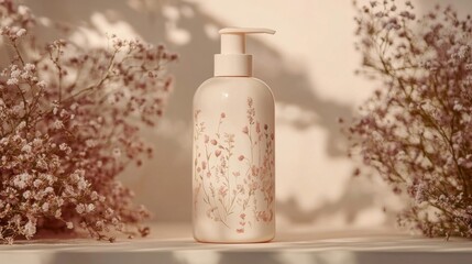 Product Display of White and Pink Lotion Bottle with Pump Surrounded by Gypsophila Flowers
