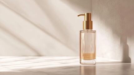 Glass Cosmetic Bottle with Golden Pump and Liquid on Marble Table with Sunlight Shadows