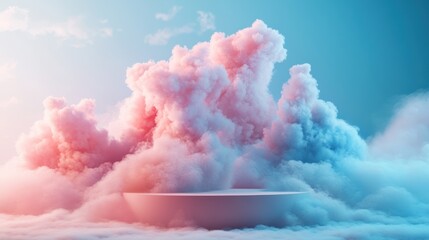 Floating surrealist product stand, dreamy pastel clouds and soft textures