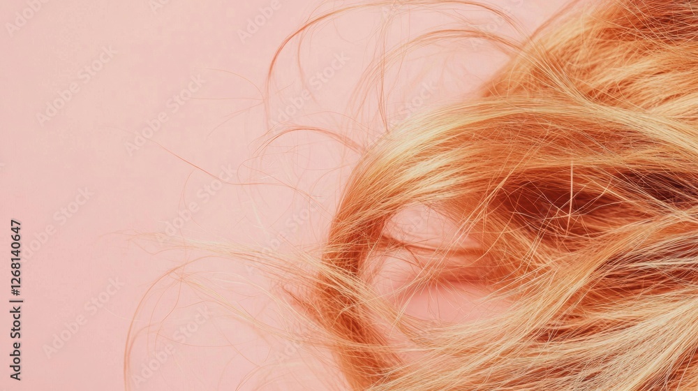 Poster Frayed hair tips with split ends captured on a soft pastel background creating a delicate close up view of hair texture. Generative AI