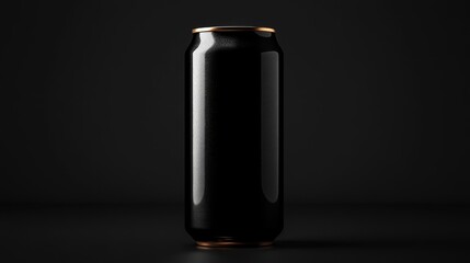 Sleek Black Aluminum Soda Can with Water Droplets on Dark Background