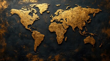 Golden embossed world map on a dark matte surface, premium aesthetic