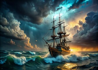 Obraz premium Aerial View: Pirate Ship Battling Stormy Seas - Dramatic Ocean Scene