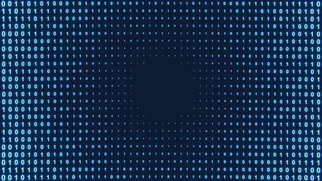 Binary code matrix array background, empty copy space area for logo or text vfx design. Shiny numbers of 1 and 0 animated to change randomly. Technology and programming layer screen overlay effect. 