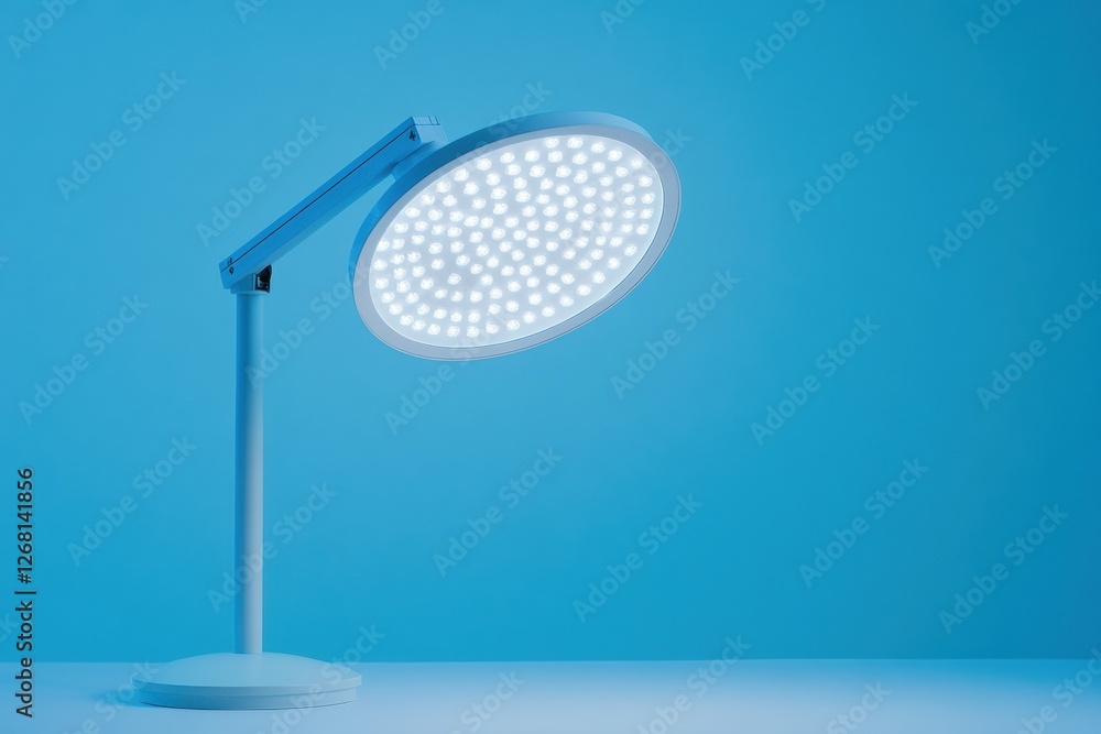 Poster bright circular desk lamp illuminating a blue background in a cozy workspace during daytime hours. g