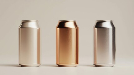 Three Metallic Aluminum Drink Cans in Silver Gold and Gray Against Neutral Background