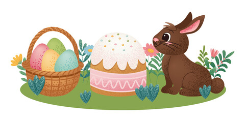 Chocolate rabbit sitting next to an Easter cake and a basket of colorful eggs on green grass with flowers. Cute cartoon holiday illustration. Easter celebration design for greeting card and print.