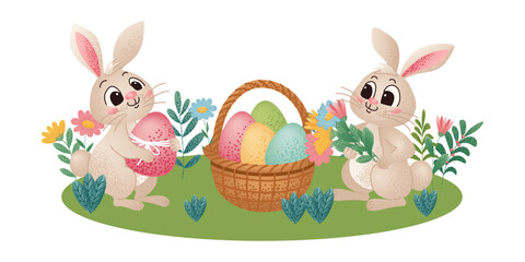 Two cute bunnies celebrating easter, holding a decorated egg and a bouquet of spring flowers, with a basket full of colorful eggs.