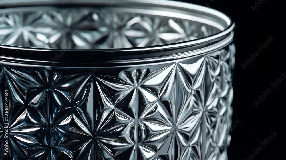 Poster close up shot of an intricate glass with a diamond pattern in dark background