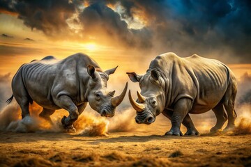 Obraz premium African Rhino Battle: Two Rhinos Clashing Over Territory in the African Savanna