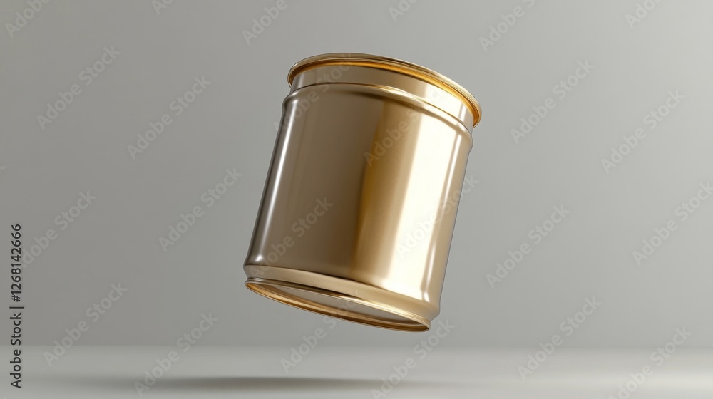 Poster shiny gold container on white background reflecting light in studio setting