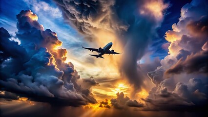 Naklejka premium Airplane Silhouette Dramatic Storm Clouds Low Angle Aerial View