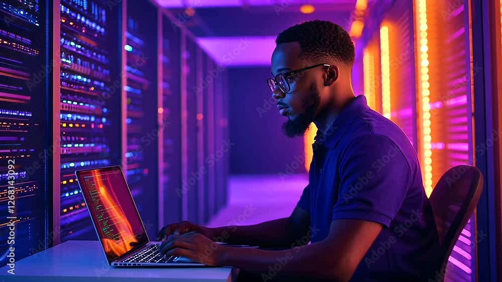 Poster technician updating software in a cutting-edge server room environment.